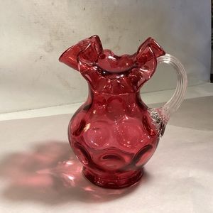 Fenton cranberry  glass, pitcher with clear ribbed handle